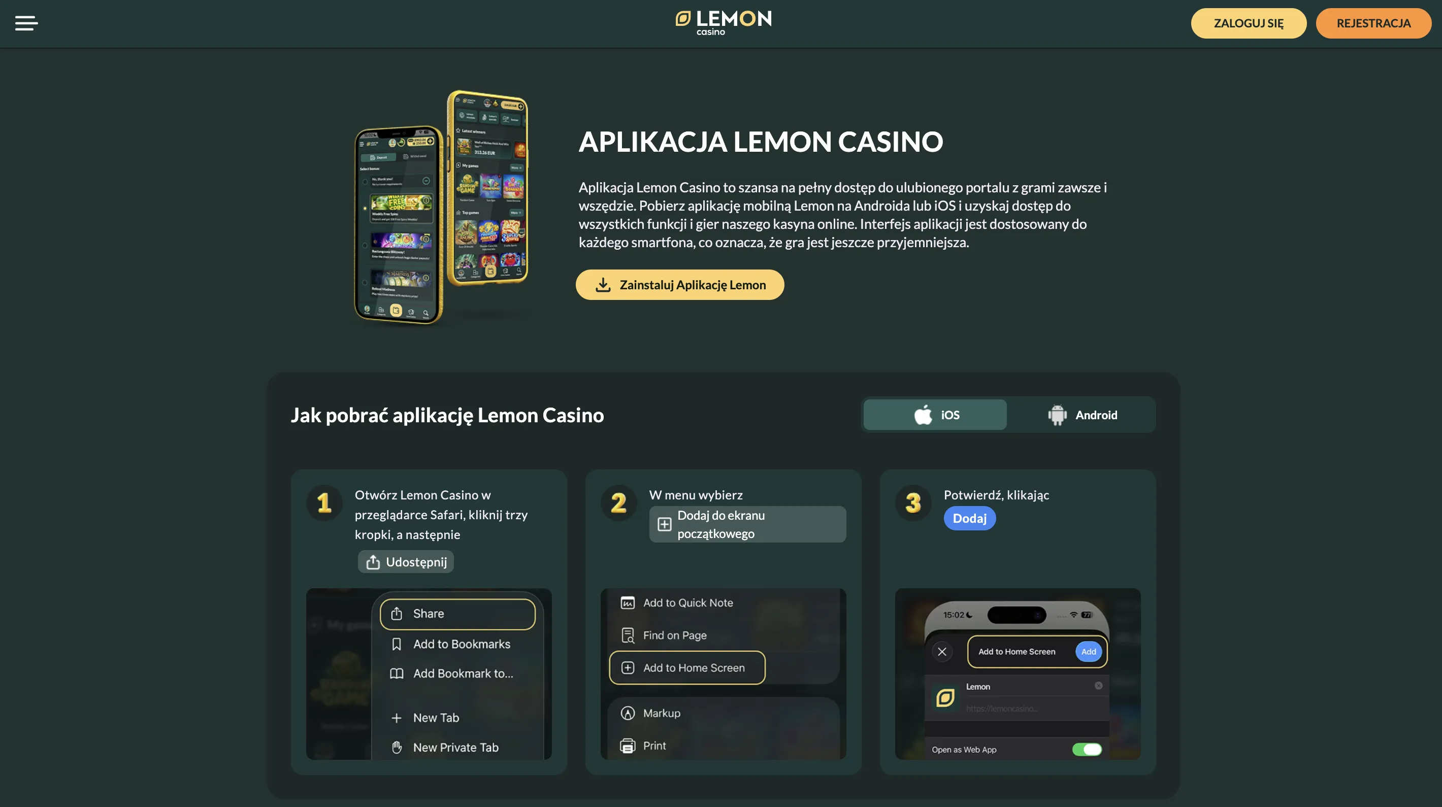 Lemon Casino aplikacja: mobilny dostęp bez instalacji ze sklepu